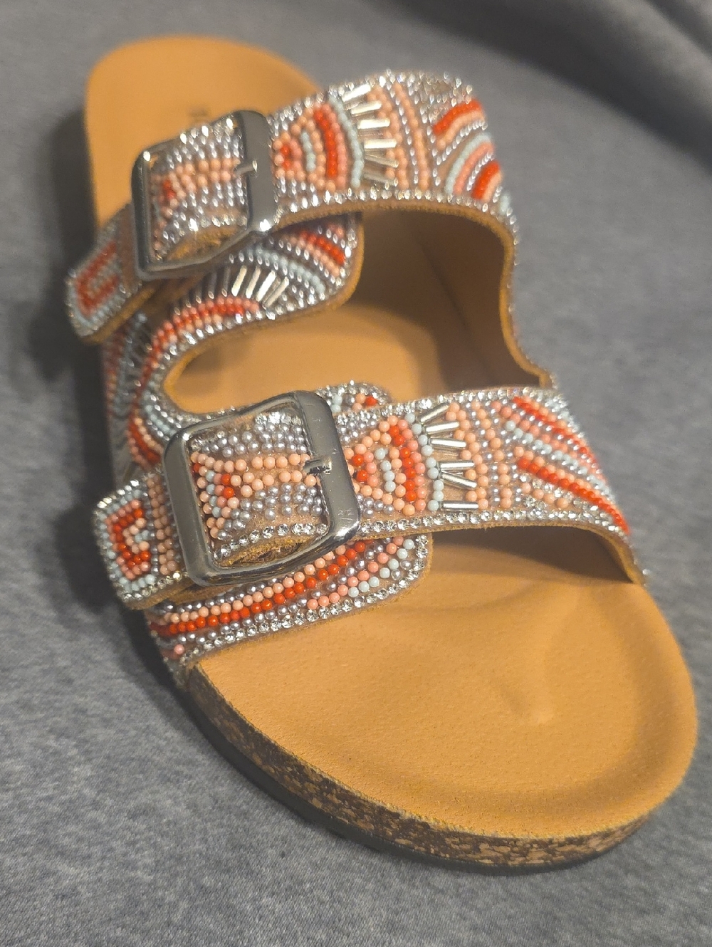 LUKE NEW OR NWOt mbellished Dual-Buckle Slide Sandals in Coral & Silver BLING. - Picture 3 of 5
